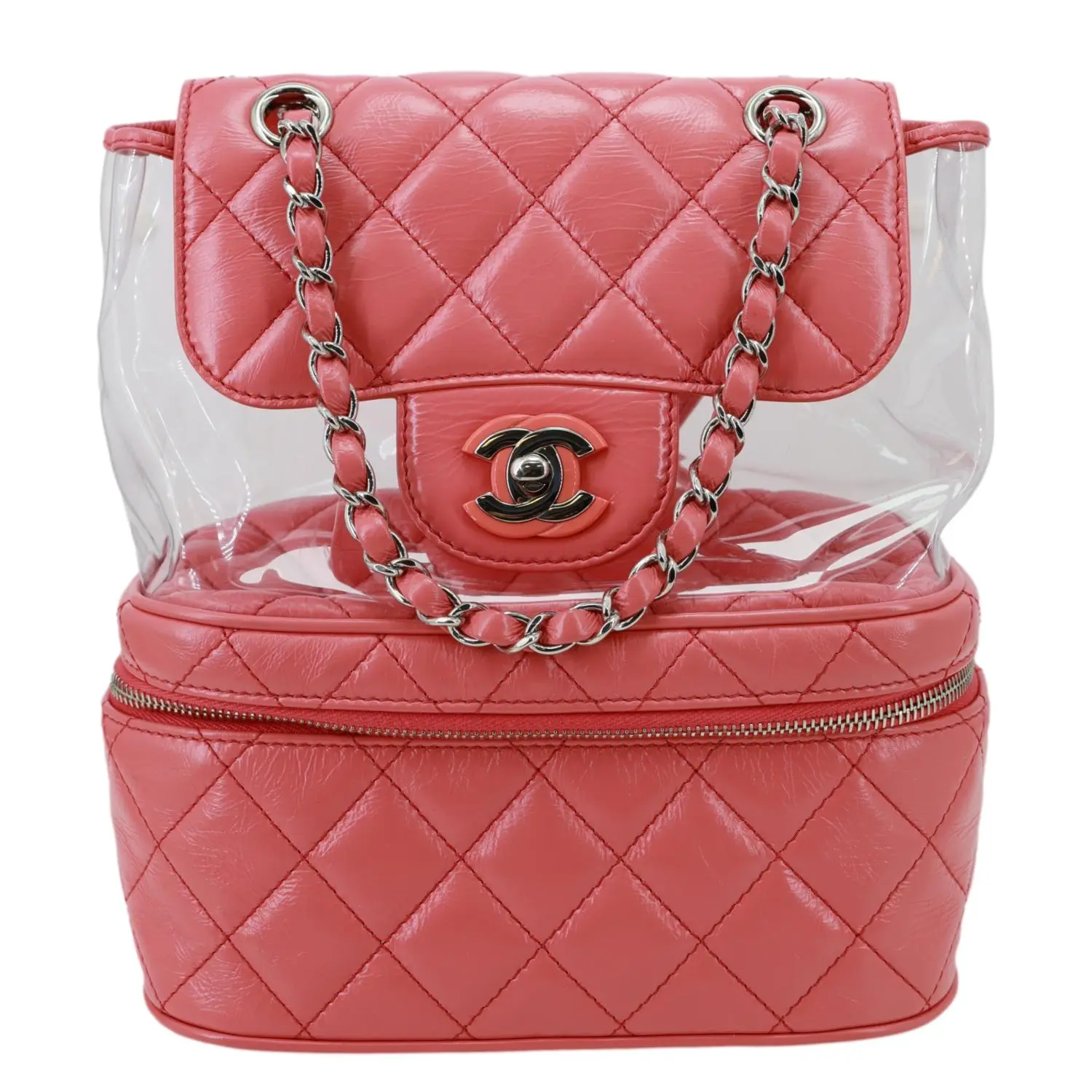 Pre-owned CHANEL Quilted Crumpled Calfskin Leather and PVC Backpacks Crumpled Crumpled Quilted Calfskin PVC Backpack Pink
