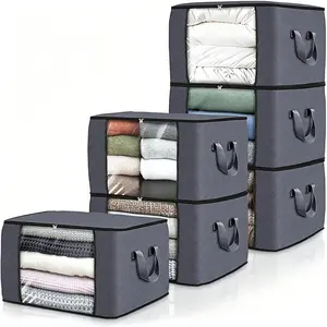 Grey 6-pack clothing storage bag foldable thick cloth blanket used for organizing bedroom wardrobe clothes bedding and storage containers with handles