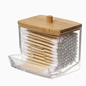 Clear Cotton Swab Storage Box with Bamboo Lid, 1 Count Transparent Portable Storage Jar, Makeup Tool Organizer, Acrylic Box for Home Office Dormitory Bathroom, Bottles