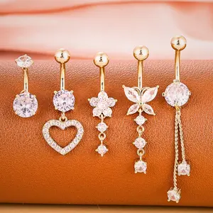 5pcs CZ Inlaid Belly Rings Set – Gold-Plated Heart & Butterfly Piercing Jewelry for Women