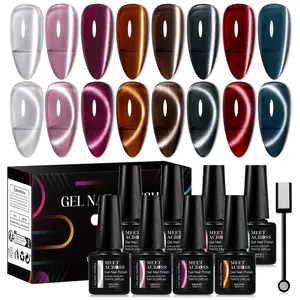 Gel Nail Polish Set, Magnetic Cat Eye Gel with 8 Mirror-Glass Colors, Soak-Off UV French Cat Eye Gel Nail Polish for Home or Salon Use, Valentine's Day Nail Supplies
