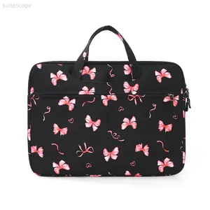 Bowknot Oxford Cloth Laptop Sleeve, Zipper Large Capacity Carry Bag, Dual Use Shoulder Handbag for Business College Daily Use