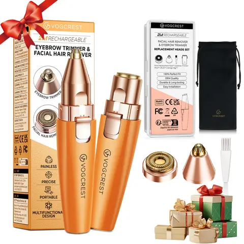 Vogcrest Women's 2-in-1 Electric Eyebrow Trimmer & Facial Razor Kit - Cordless, Battery-Powered, Type-C Charging, Compact Eyebrow Products with LED Light, Steel Blades for Smooth Painfree Shave, 60-Day Return Policy