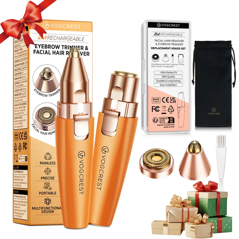 Vogcrest Women's 2-in-1 Electric Eyebrow Trimmer & Facial Razor Kit - Cordless, Battery-Powered, Type-C Charging, Compact Eyebrow Products with LED Light, Steel Blades for Smooth Painfree Shave, 60-Day Return Policy