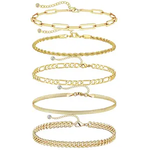 B 14K Gold-Plated Trendy Bracelet Set for Women - Thin Dainty Stackable Cuban & Paperclip Chain Bracelets Minimalist Elegant Jewelry Gift Set