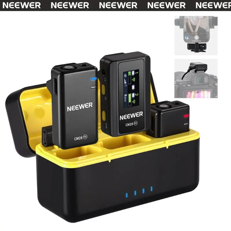 NEEWER CM28 Wireless Lavalier Clip Microphone with LCD Screen, Charging Case, OTG Adapter, USB Type-C Cable - Content Creator Vlogging Equipment for iPhone 13, Smartphone, DSLR, Computer, Camera - Streaming Setup Gear (Back to School)