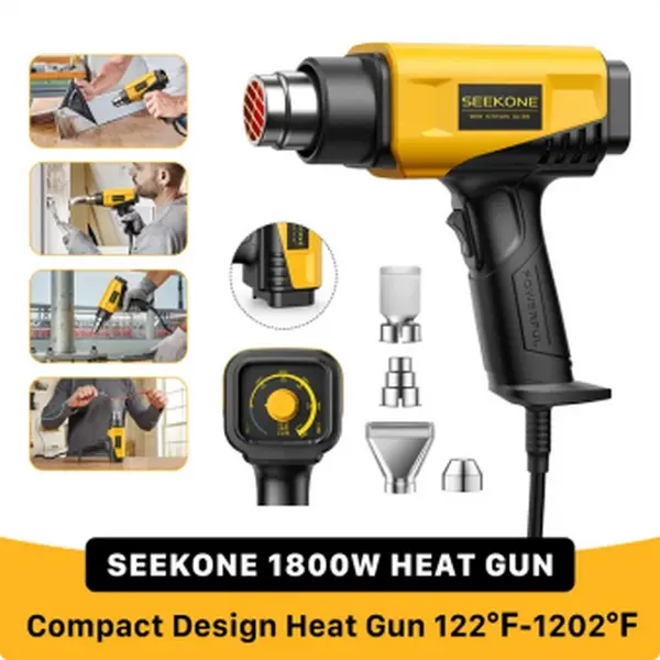 SEEKONE 1800W High Power Heat Gun, Compact Heavy Duty Hot Air Tool with Variable Temperature Control (2-Temp Settings, 122℉-1202℉/50℃-650℃), Portable with 4 Nozzles for 3D Printing, Crafts, High Power Tool, Tool Box Yellow