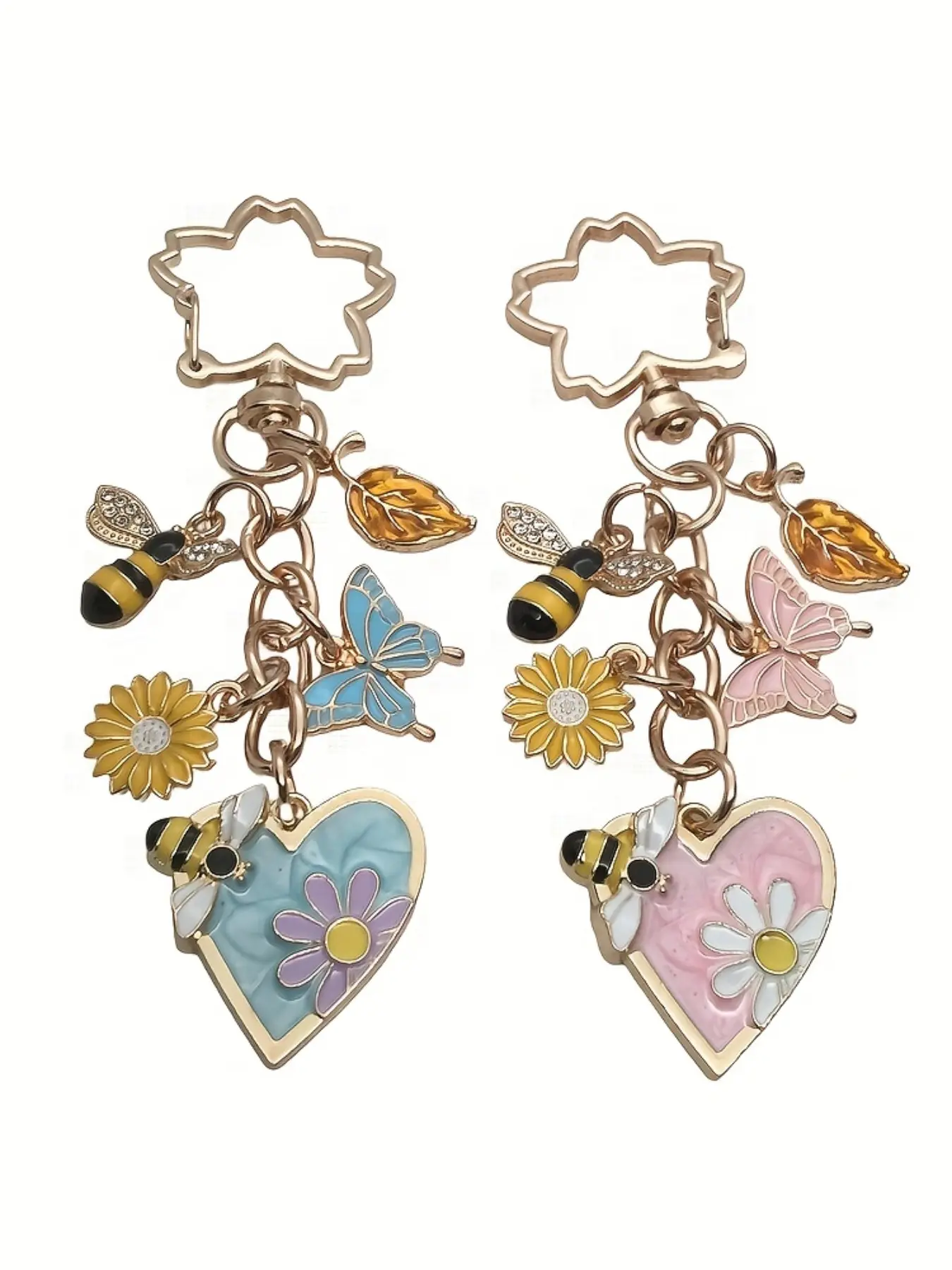 Enamel Floral Pattern, Butterfly & Bee Keychain Hearts Daisy Flower Pendant Leaf Daisies Floral Keychain Butterflies Purse Bag Chain Charms Keyring Ornaments for Keys,Car,Backpack Handbags Keychain Decoration Accessories Aesthetic Keychain Gift Pink