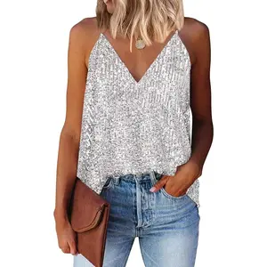 Womens Tank Tops Casual Fashion V Neck Strappy Sequin Sparkle Shimmer Camisole Sleeveless Tanks Tops