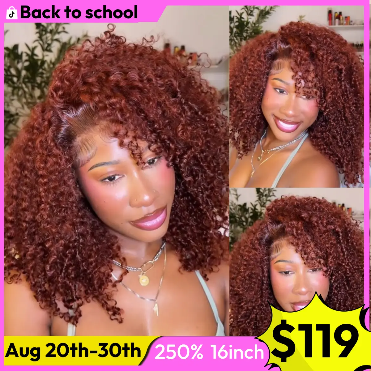 UNice 250% Density Reddish Brown Fluffy Afro Kinky Curly with Layered Finger Coil Ends Glueless 7x5 HD Lace Closure Human Hair Wigs No Slip Beginner-Friendly Natural Looking Summer Wig SummerArrvials #SoHoChic #TikTokShopBackToSchool
