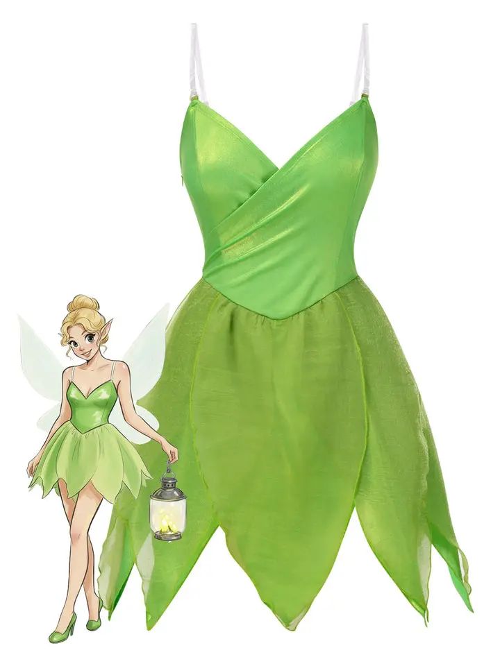Green 1970s Fairy Petal Hem Mini Dress Halloween Cosplay  Glitter Party