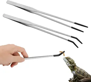 2PCS Stainless Steel Reptile Feeding Tongs, Curved/Straine Tweezers for Reptiles & Amphibians，Safe Food Picking Tweezers for Reptile Terrarium Care  Non-Slip Reptile Feeding Tweezers