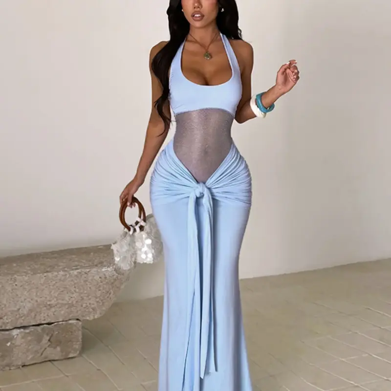 Women's Halter Neck Tie Dress, Elegant Evening Gown, Evening Party Dresses, Formal Wear, Perfect for Parties & Special Occasions, Stylish & Comfortable Design