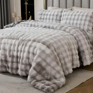 Faux  Comforter Set  Size Tie Dyed Grey Fluffy Bubble Comforter Bed Set Luxury 3 count Warm Shaggy Winter Comforter  Size Soft Bubble Bedding Comforter Set