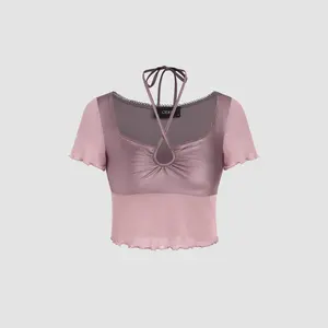 Cider [size 0-10] Mesh Halter Lettuce Trim Crop Top