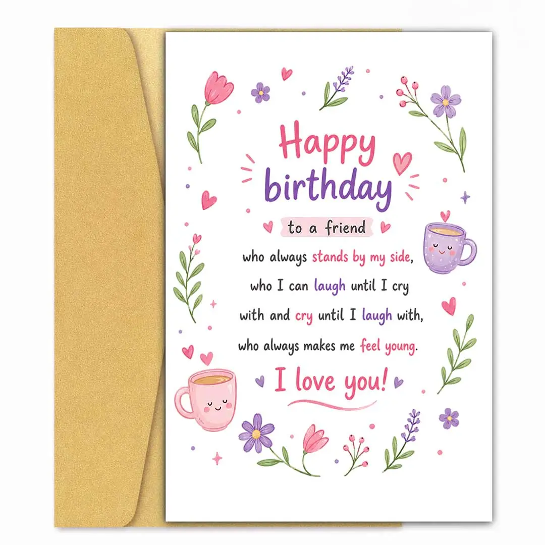 Happy Birthday Card for Best Friend – Sweet Floral Friendship Birthday Card with Heartfelt Message, Cute 5 x 7 Inch Greeting Card for Her, Gold Envelope Included