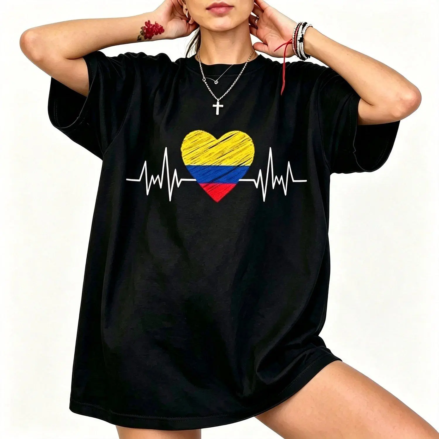 Colombia Flag with Heartbeat Pride Grunge Colombian Flag Graphic Design T Shirt Apparel Style