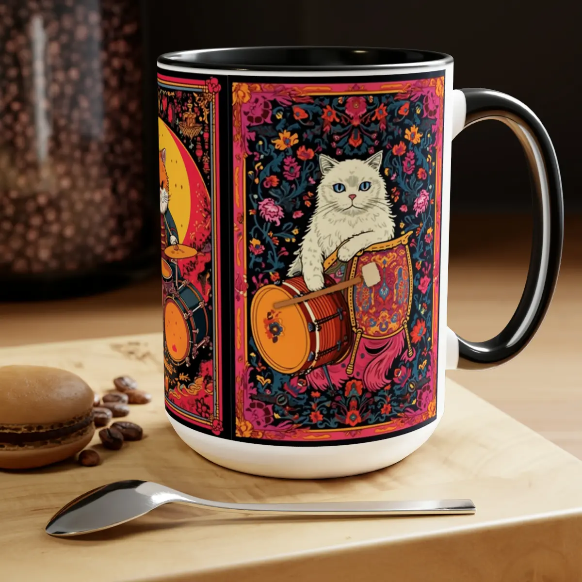15oz Drumming Cats Mug - Ultimate Mug of Choice for Drummers and Cat Lovers Alike
