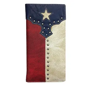 Men’s Western Bifold Wallet Texas Flag Checkbook Style Leather Rodeo Wallet