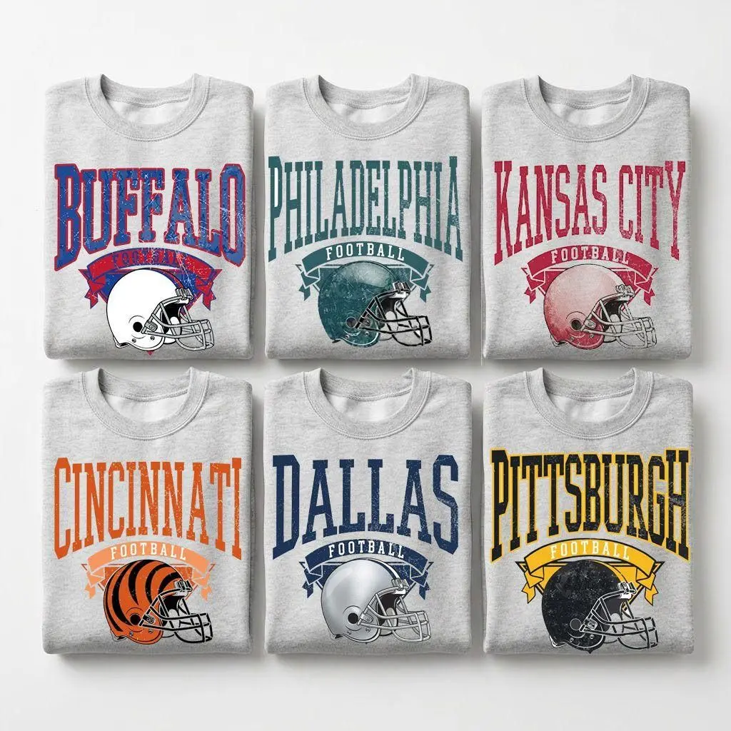 Vintage Football Sweatshirt Hometown Team Pullovers Sublimation Print Long Sleeve Casual Fabric Menswear Soft Cozy Retro Style Comfortable All-Season Wear Day Biker