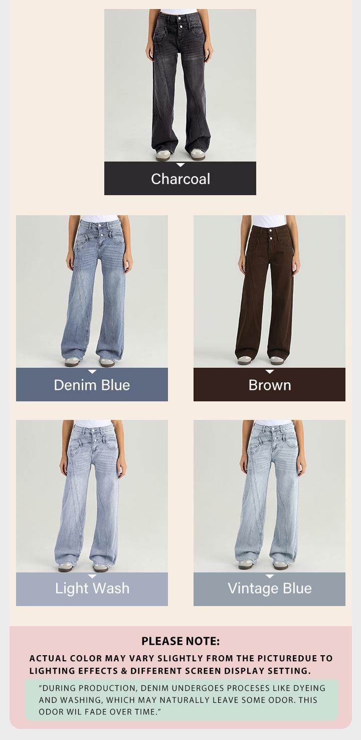 KatchMe Women's Street Chic High Waist Patchwork Wide Leg Jeans, Vintage Fake Two-Piece Denim Trousers, Baggy Jeans Outfits