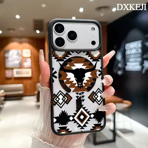 Western Aztec Cow Print Bull Skull Pattern Magnetic MagSafe Phone Case for iPhone 17 Air/16 Pro Max 15 Pro 14 13 12 11 Plus Shockproof Slim Protective Cover Casing