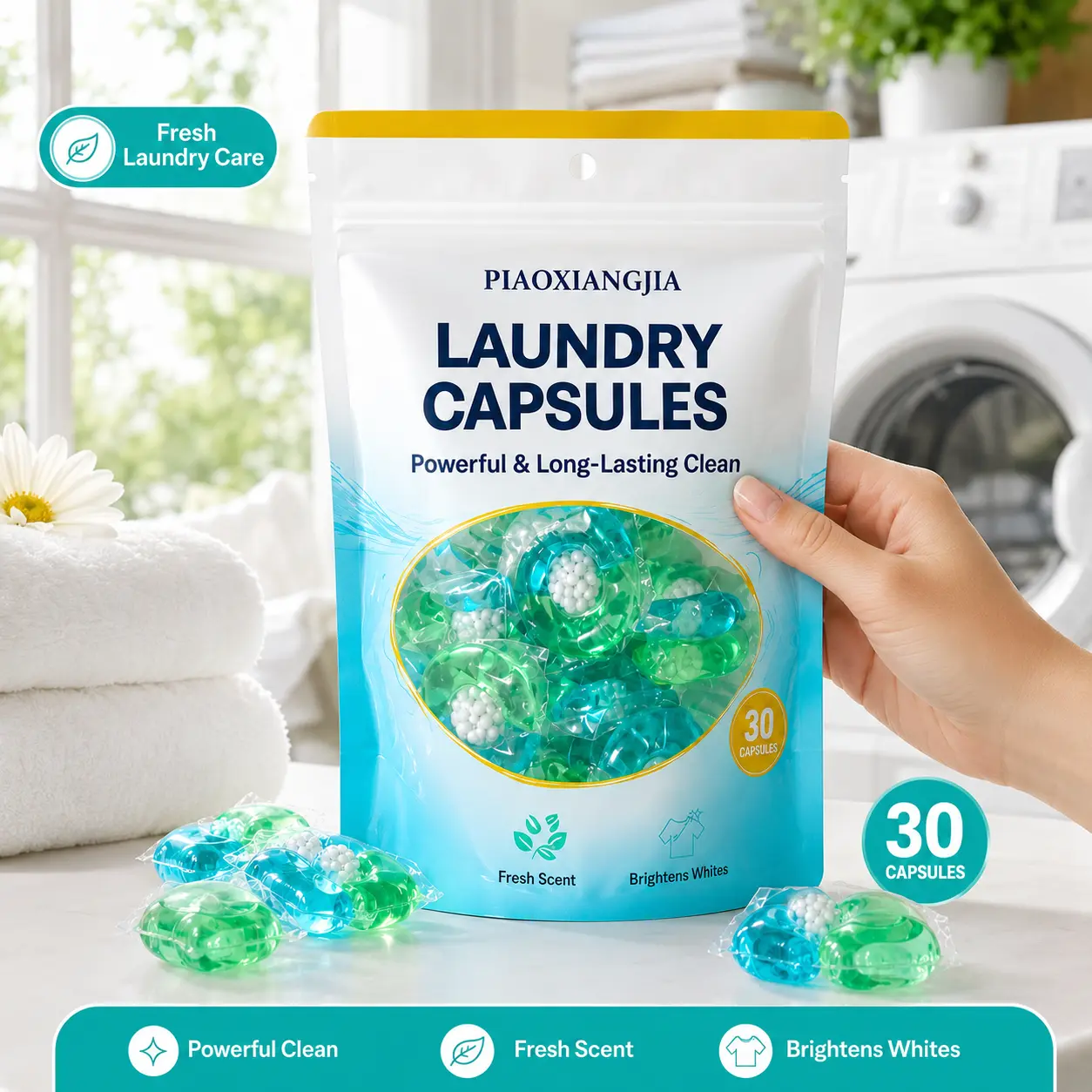 Jasmine-Scented Laundry Detergent Capsules, 30-Count Family Pack - Enzymes Active Eco-Conscious Design, Powerful Stain Removal, Gentle Care for Gentle Fibers, Deep Clean