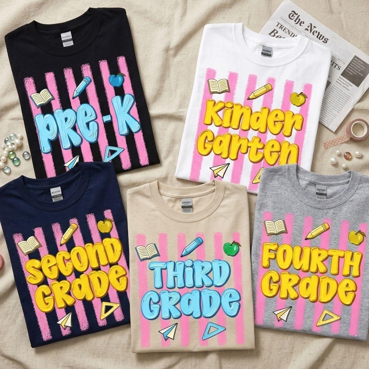 Retro Teacher Back To School T-Shirt, Colorful School Grade Graphic Tee, Pre-K To Fourth Grade Teacher Appreciation Shirt 0ET