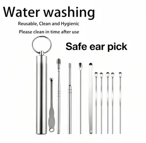 Safe Ear Wax Removal Tool Set, 10 Pack Stainless Steel Rotating Ear Spoon Picks, Reusable Portable Keychain Ear Cleaner, Household Daily Ear Care Kit for Adults & Children