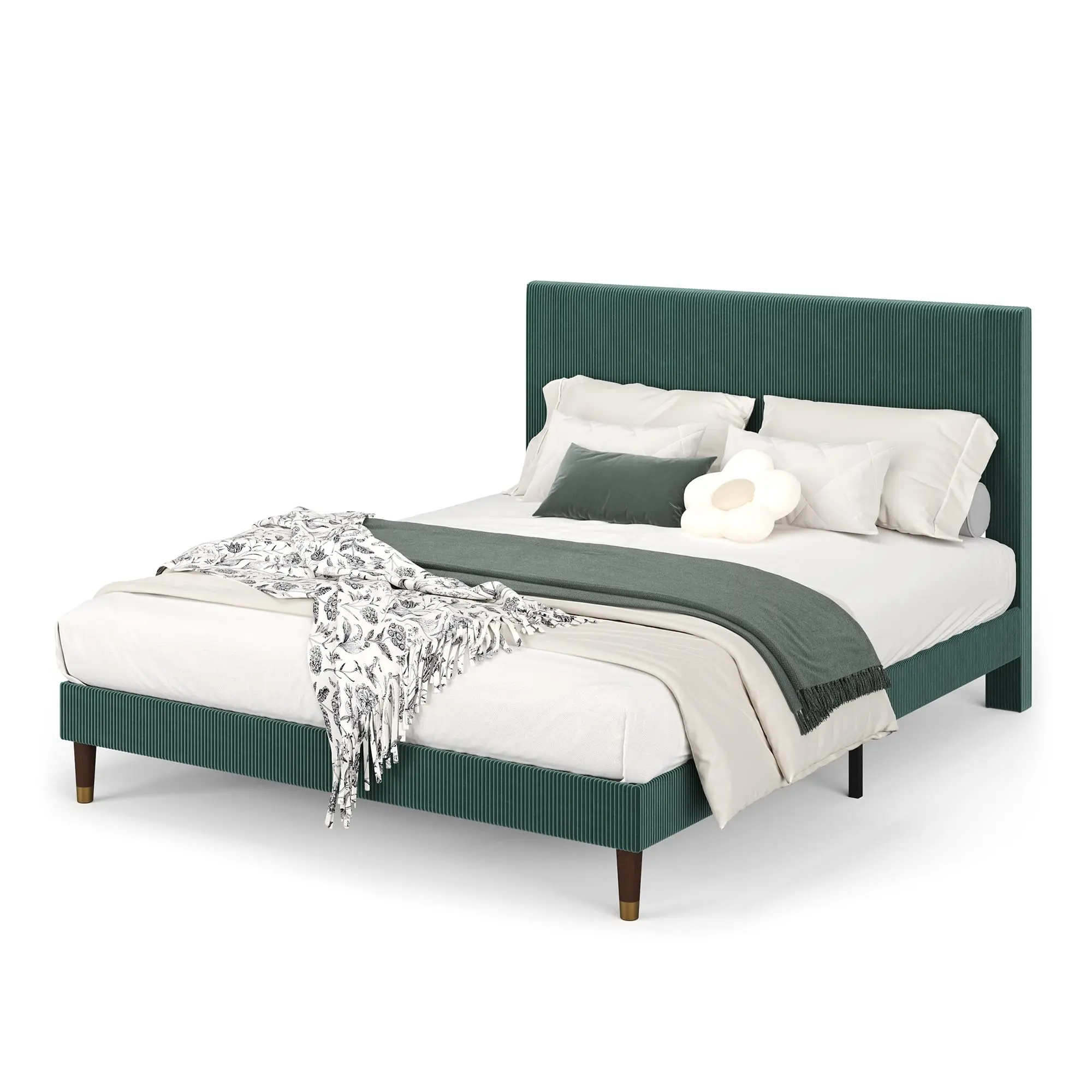 Garvee Full Size Upholstered Platform Bed Frame,Modern Green Bed with Corduroy Headboard,Strong Metal Slats Support,No Box Spring Required,Easy Assembly,Dark Green