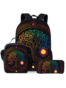 Vibrant Tree of Life Printed Backpack 3-Piece Set Lunch Bag Pen Bag Shoulder Bag Polypropylene Material All Seasons Durable Unique Daily Needs