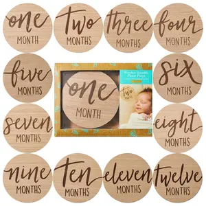 Baby Monthly Milestone Marker Discs - Classic Cursive Script Wooden Discs with Reversible Photo Props for Baby Announcement and Milestones, Gender-Neutral Gift for Newborn Boy and Girl