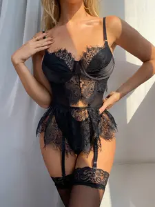 Elegant Black Eyelash Lace Peplum Bodysuit with Underwire Cups, Sheer Mesh Cutout, Garter Straps & Adjustable Straps, Satin Trim Boudoir Teddy  rave outfit lenceria sexi mujer sexy lingerie