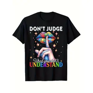 Oversized Autism Awareness Round Neck Short-Sleeve T-Shirt for Men & Women, Black Casual Clothes with Funny Graphic & Colorful Puzzle Lips Design, Perfect Gift for Family