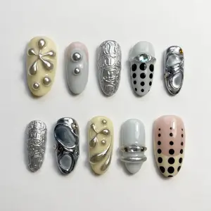 Press On Nails Modern Metallic Chrome Theme / 3D Sculpted Abstract Gel Design / Elegant Daily Office Nails
