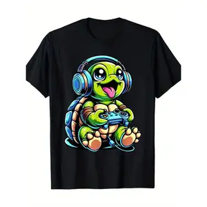 Summer t Shirts PLUS SIZE Funny Turtle Player, Game Turtle, Video Game 220g 100% Cotton T-Shirt, Men'S Graphic Casual T-Shirt
