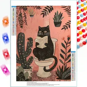 Frameless Round Drill 5D Full Drill Diamond Painting Kit for Adults, Funny Black Cat Reading Newspaper on Toilet, Boho Pink Bathroom Wall Art, DIY Diamond Dots Crafts Handicraft for Cat Lovers & Plant Parents Home Decor, Diamond Art Tools, Handcraft