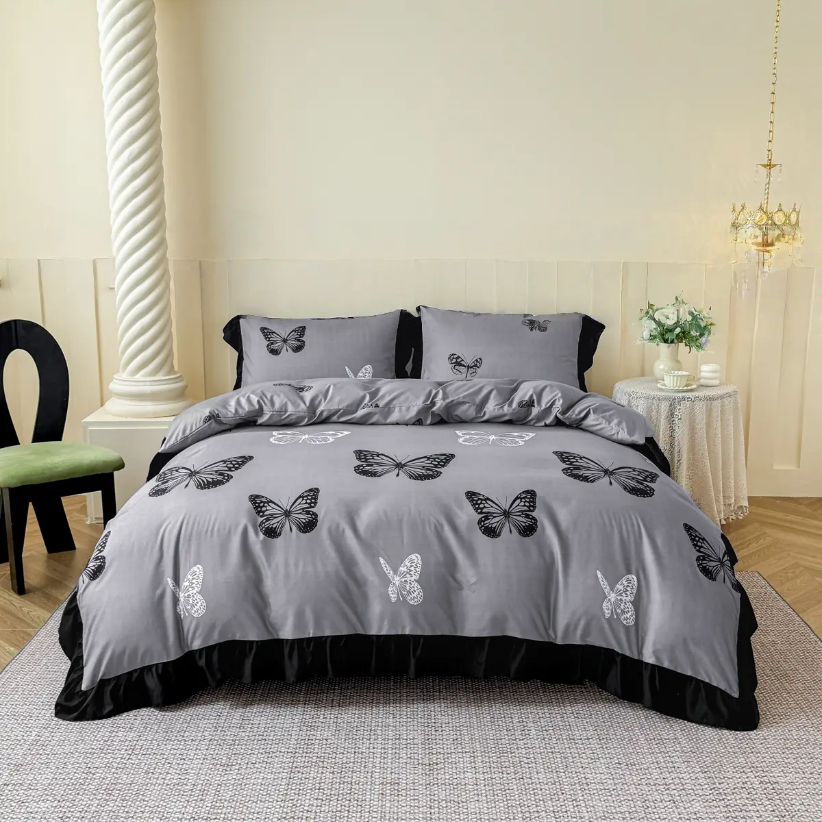 3 Pcs butterfly duvet cover set, Butterfly Bedding Set, Bed Covers, Decorative duvet cover, gray with black and white butterflies, black ruffle trim, suitable for bedroom and dorms (1 duvet cover, 2 pillowcases, no filling)