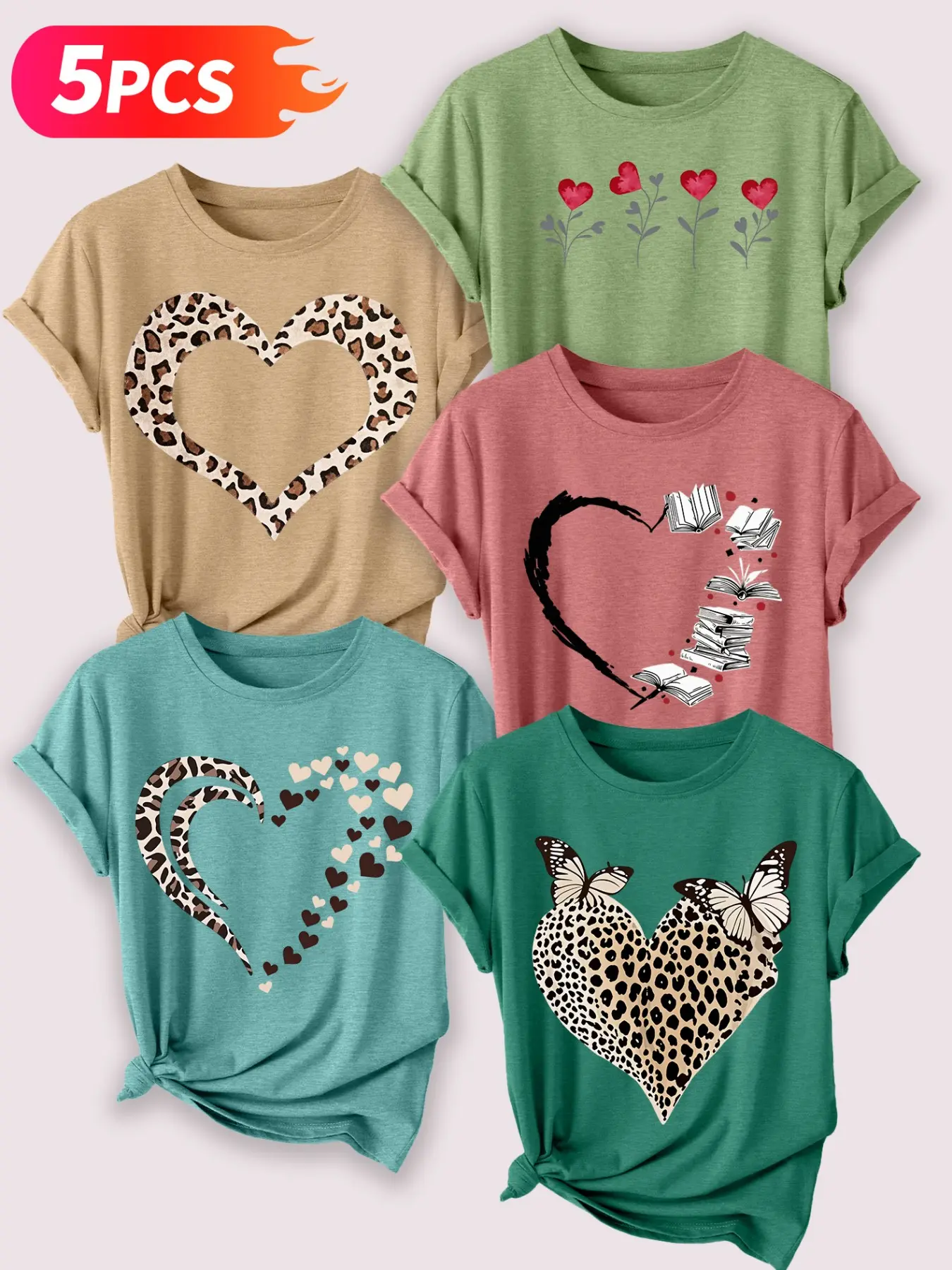 Women's 5-Pack Crew Neck Round Neck T-Shirts, Heart Themed Print (rt), Multiple Colors Available, Machine Washable, Spring & Summer Casual Chic Top, Soft Skin-Friendly Fabric, Daily Versatile, Fashion Design