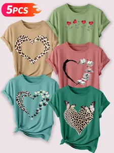 Women's 5-Pack Crew Neck T-Shirts, Heart Themed Print (rt), Multiple Colors Available, Machine Washable, Spring & Summer Top, Soft Skin-Friendly Fabric, Daily Versatile, Fashion Design