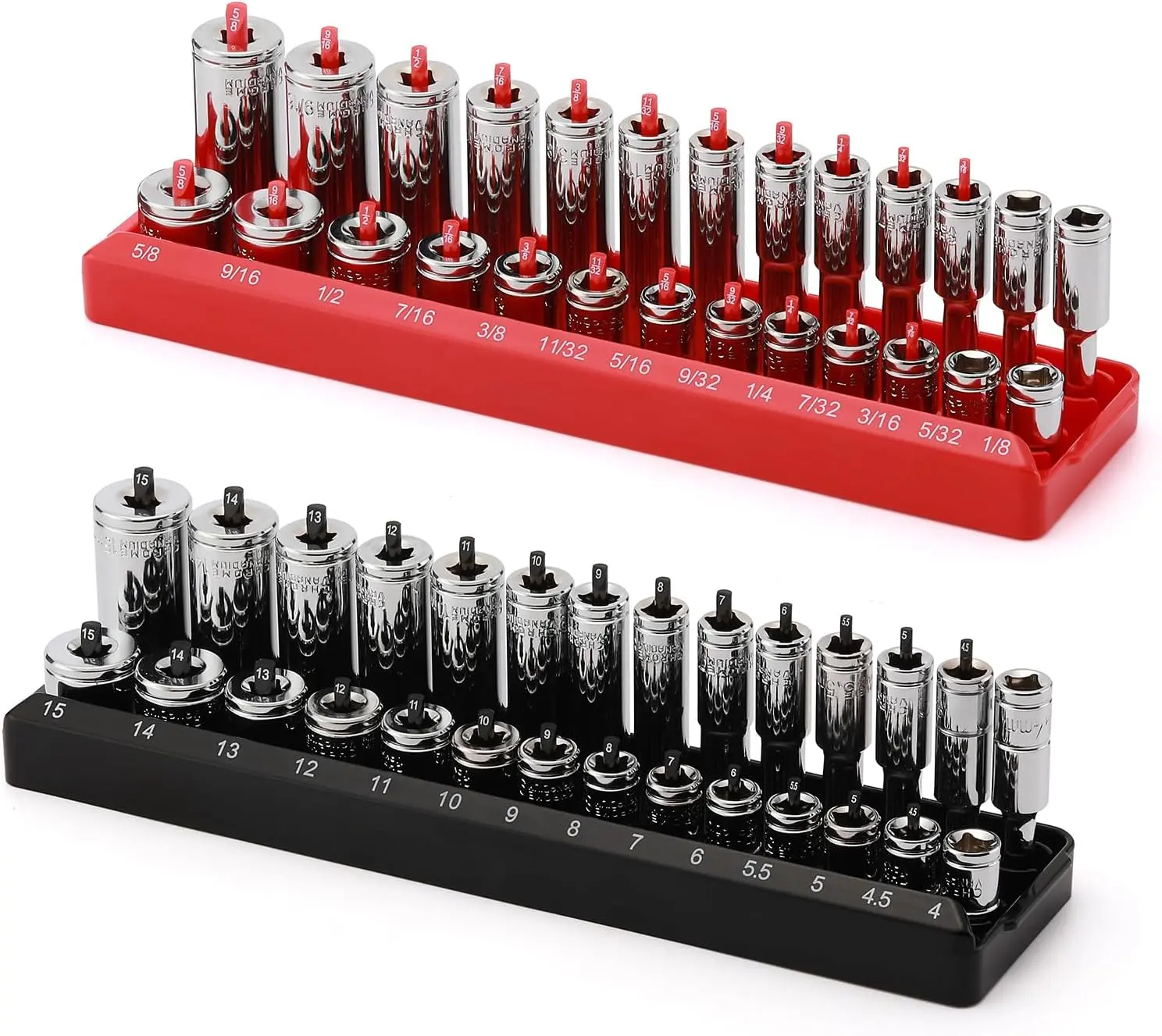 1/4-Inch Drive Socket Organizer Trays, 2-Piece SAE and Metric Socket Tray Set, Deep and Standard Socket Holders Organizers for Toolbox, Black & Red