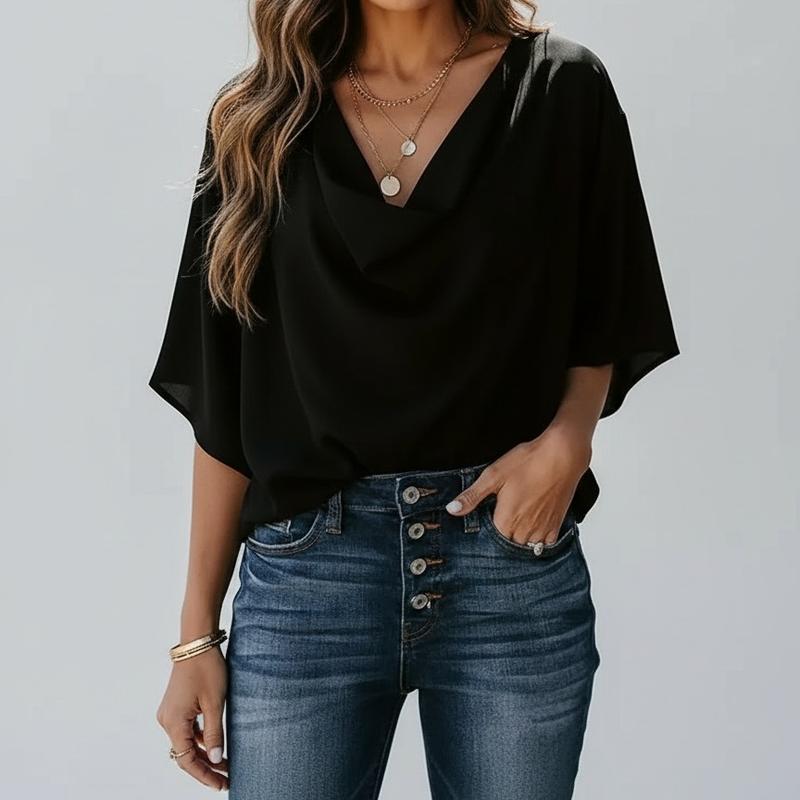 MINHKHUE Women's Casual Loose Fit Black Blouse Top - Short Sleeve Draped V Neck Summer Shirt, Elegant Chic Solid Color Tunic for Work, Daily, Party, Streetwear, Stylish Trendy Outfit with Jeans or Skirts