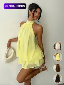 Women's Chiffon Elegant Halter Tie-Neck Mini Dress, Summer Dress for Dating, Nights Out, Honeymoons and Wedding Guests, Island Vacation Dress