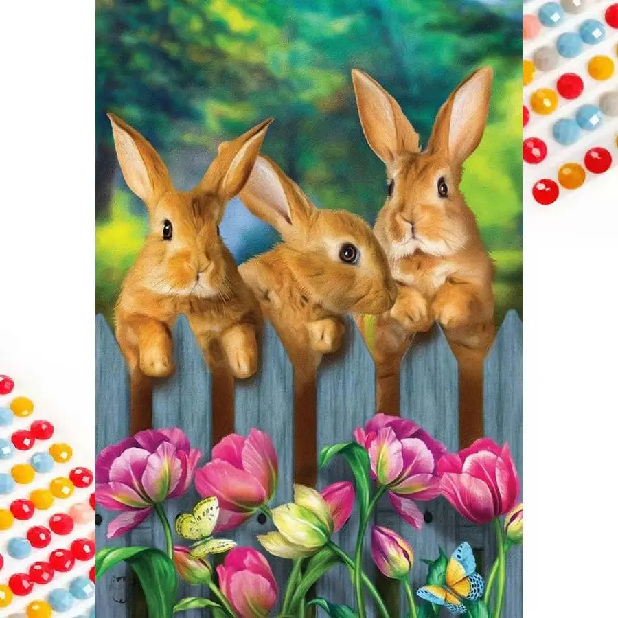 5D DIY Full Drill Round Diamond Painting - Diamond Painting Kit Rabbit and Flowers Mosaic Canvas DIY Wall Art, Home Wall Decoration
