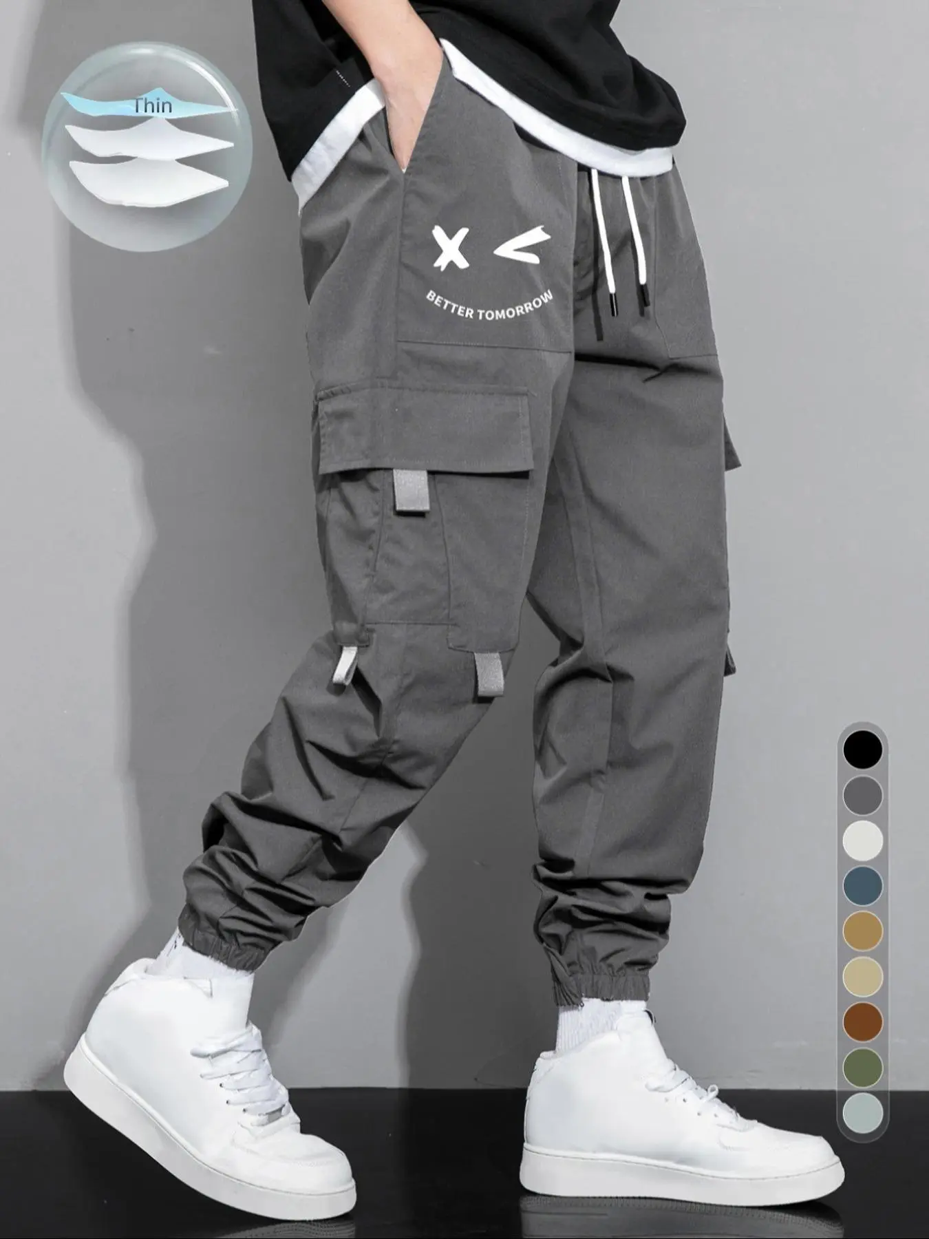Men's Cartoon Face & Letter Print Drawstring Waist Cargo Pants, Casual Regular Fit Utility Jogger Bottoms, Men's Trousers for All Seasons, Pants for Men, Mens Pants, Pants for Men Menswear Grey
