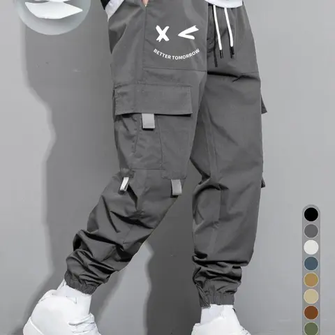 Men's Cartoon Face & Letter Print Drawstring Waist Cargo Pants, Casual Regular Fit Utility Jogger Bottoms, Men's Trousers for All Seasons, Pants for Men, Mens Pants, Pants for Men Menswear Grey