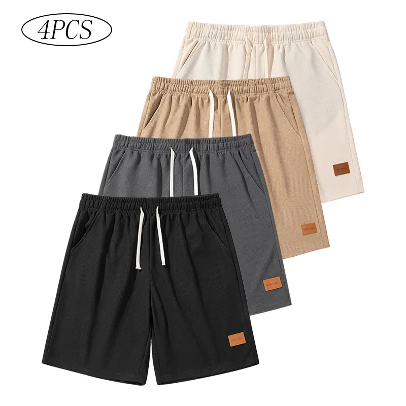 4-Pack Men’s Vintage Corduroy Waffle-Weave Casual Shorts – Loose Fit, Slant Pockets, Breathable Street Style, Straight Cut, Drawstring Cuffs — Ideal for Urban Strolls and Outdoor Activities Beige