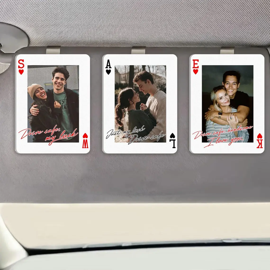 1PC Custom Photo Playing Card Acrylic Sun Visor Clip, Custom Couple Photo Car Visor Clip, Drive Safe I Love You Visor Clip, Valentine Gifts for Boyfriend