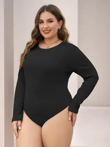 【Plus Size】 Knit Solid Round Neck Slim Bodysuit, Casual Long Sleeve Bodysuit for Spring & Fall, Women's Clothes for Daily Wear