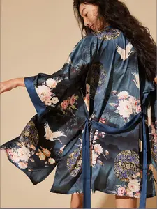 Women's Elegant Satin Soft Smooth Shirt Top, Seven-Quarter Sleeve Crane Floral Vintage Print, Japanese Style Kimono Cardigan Bathrobe Loungewear Outerwear Elegance